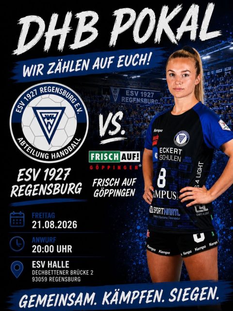 Erstligist Göppingen kommt in den Bunker
 
Am Freitag, 21. August startet der ESV 1927 Regensburg in die Saison 2026/27 – und das gleich mit einem echten Highlight: In der ersten Runde des DHB-Pokals gastiert Erstligist Frisch Auf Göppingen um 20 Uhr im Bunker.
Pflichtspiele gegen ein Team aus dem Oberhaus sind extrem selten im Freistaat – und das obwohl sich die Bunkerladies bereits zum fünften Mal in Folge für den Pokalwettbewerb qualifiziert hatten. Die Losfee meinte es dabei aber nie gut mit den Regensburgerinnen und bescherte nicht weniger als vier Erstrunden-Auswärtsspiele. Einzig in der Saison 2022/23 war Bayerns besten Handballerinnen ein Weiterkommen und damit zwei Heimspiele in Serie vergönnt. Das Erreichen des Achtelfinals damals gegen Bensheim/Auerbach war der größte Erfolg im Pokal und auch das letzte offizielle Spiel gegen einen Erstligisten.

„Natürlich sind wir klarer Außenseiter, wollen aber mit dem Heimvorteil im Rücken couragiert auftreten und ein gutes Spiel machen“, sagt ESV-Bernhard Trainer Bernhard Goldbach. „Das Spiel ist ein echter Härtetest vor dem Ligastart beim Bergischen HC. Ich hoffe, dass die Handballfans der Region sich dieses Highlight nicht entgehen lassen und der Bunker noch vor dem Ligabeginn zum ersten Mal ausverkauft ist“, sagt der Sportliche Leiter Robert Torunsky. 

Tickets gibt es auf der Hoempage 💙🖤