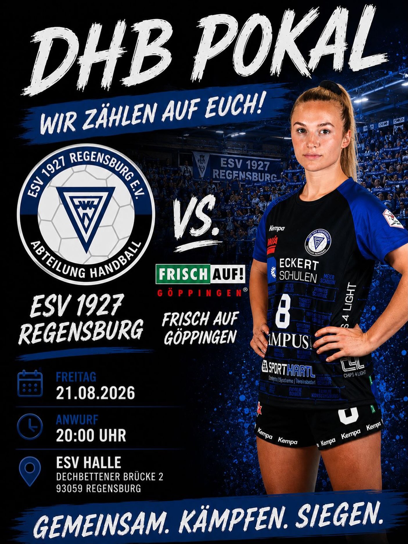 Erstligist Göppingen kommt in den Bunker
 
Am Freitag, 21. August startet der ESV 1927 Regensburg in die Saison 2026/27 – und das gleich mit einem echten Highlight: In der ersten Runde des DHB-Pokals gastiert Erstligist Frisch Auf Göppingen um 20 Uhr im Bunker.
Pflichtspiele gegen ein Team aus dem Oberhaus sind extrem selten im Freistaat – und das obwohl sich die Bunkerladies bereits zum fünften Mal in Folge für den Pokalwettbewerb qualifiziert hatten. Die Losfee meinte es dabei aber nie gut mit den Regensburgerinnen und bescherte nicht weniger als vier Erstrunden-Auswärtsspiele. Einzig in der Saison 2022/23 war Bayerns besten Handballerinnen ein Weiterkommen und damit zwei Heimspiele in Serie vergönnt. Das Erreichen des Achtelfinals damals gegen Bensheim/Auerbach war der größte Erfolg im Pokal und auch das letzte offizielle Spiel gegen einen Erstligisten.

„Natürlich sind wir klarer Außenseiter, wollen aber mit dem Heimvorteil im Rücken couragiert auftreten und ein gutes Spiel machen“, sagt ESV-Bernhard Trainer Bernhard Goldbach. „Das Spiel ist ein echter Härtetest vor dem Ligastart beim Bergischen HC. Ich hoffe, dass die Handballfans der Region sich dieses Highlight nicht entgehen lassen und der Bunker noch vor dem Ligabeginn zum ersten Mal ausverkauft ist“, sagt der Sportliche Leiter Robert Torunsky. 

Tickets gibt es auf der Hoempage 💙🖤