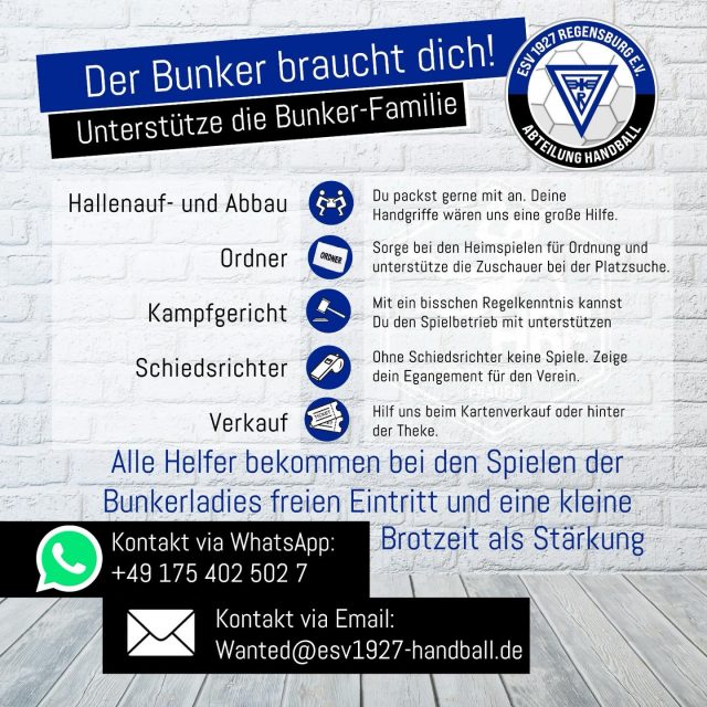 💙Der Bunker braucht Dich💙

Hinter jedem Heimspiel steht ein starkes Team – und genau dafür suchen wir DICH! 💪💙
Mit deinem Engagement sorgst du dafür, dass unsere Heimspiele reibungslos laufen. Als Dankeschön gibt’s freien Eintritt bei den Spielen der Bunkerladies und eine kleine Brotzeit. 🥨
Werde Teil der Bunker-Familie und melde dich bei uns! 🖤💙
#bunkerfamilie #esv1927 #handballliebe #ehrenamt #regensburg