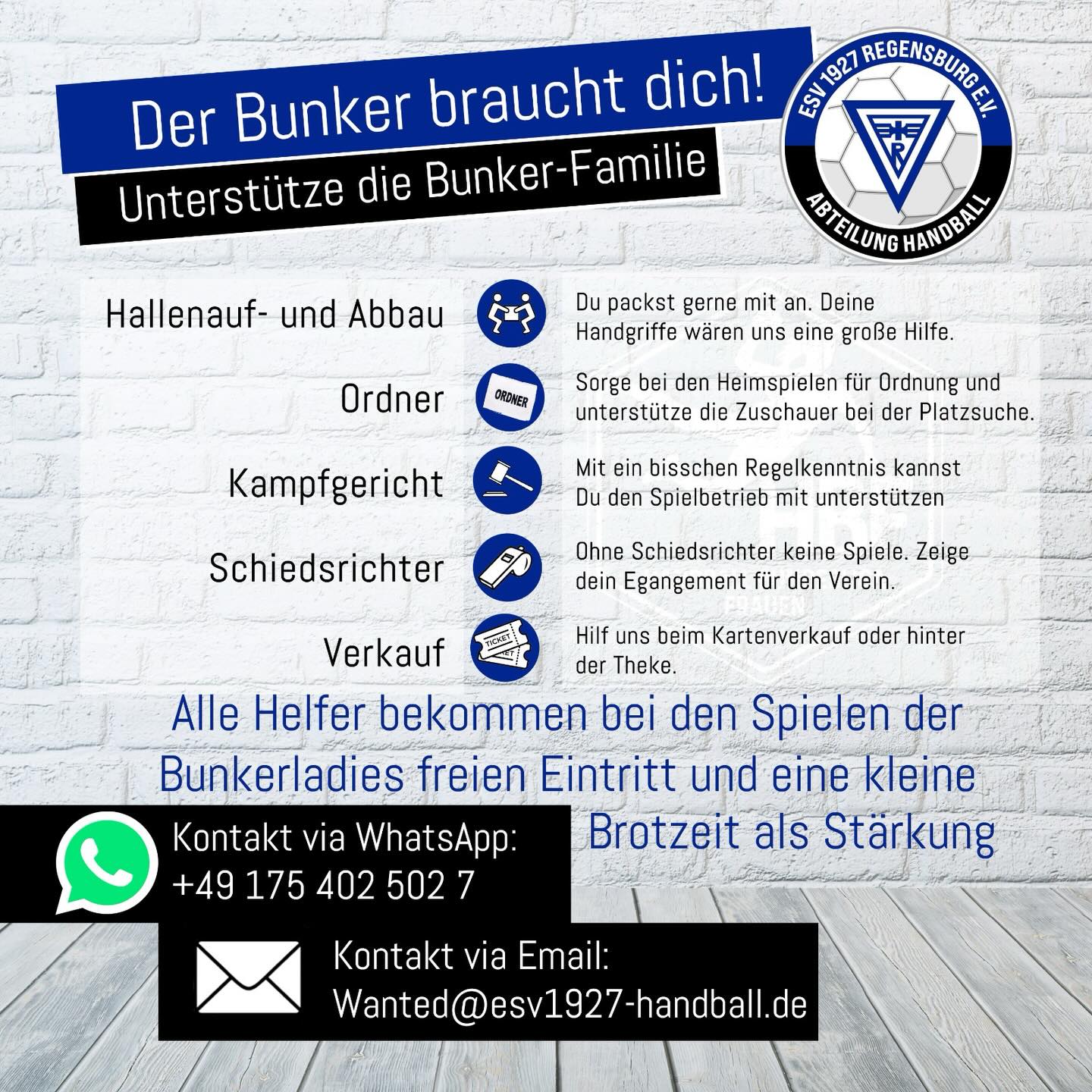 💙Der Bunker braucht Dich💙

Hinter jedem Heimspiel steht ein starkes Team – und genau dafür suchen wir DICH! 💪💙
Mit deinem Engagement sorgst du dafür, dass unsere Heimspiele reibungslos laufen. Als Dankeschön gibt’s freien Eintritt bei den Spielen der Bunkerladies und eine kleine Brotzeit. 🥨
Werde Teil der Bunker-Familie und melde dich bei uns! 🖤💙
#bunkerfamilie #esv1927 #handballliebe #ehrenamt #regensburg