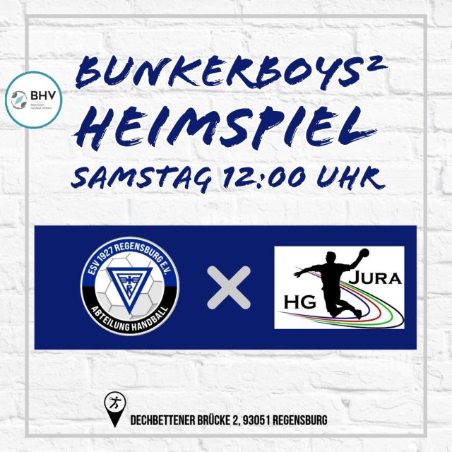 Wochenendprogramm 🖤💙

Am Samstag treffen die Bunkerboys² auf die HG Jura. Spielbeginn ist bereits um 12 Uhr im heimischen Bunker. 

Wenig später reisen die Bunkerladies³ zum HV Oberviechtach. Anwurf ist um 16 Uhr in der Sporthalle Gymnasium in Oberviechtach. 

Ebenfalls auswärts müssen die Bunkerladies⁴ ran. Spielbeginn beim SV Obertraubling ist um 18 Uhr. 

An der Dechbettener Brücke treffen die Bunkerladies² auf den HBC Nürnberg. Anwurf ist um 18 Uhr. 

Im Anschluss bestreiten die Bunkerboys ihr Heimspiel gegen den TSV Haunstetten. Spielbeginn ist um 20 Uhr. 

🥁Die Teams freuen sich über eure Unterstützung!