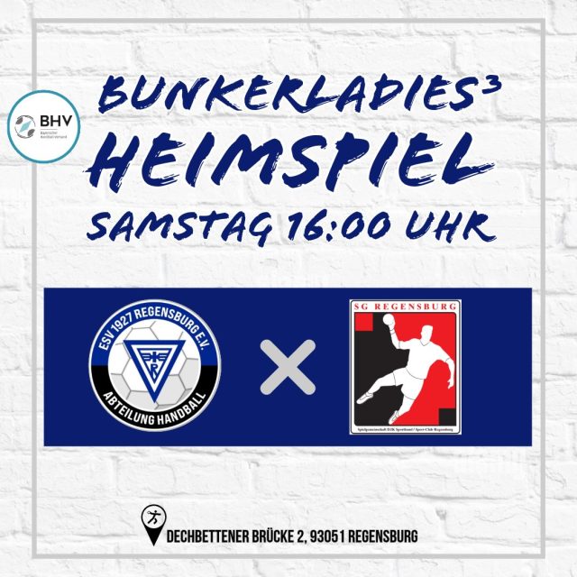 Wochenendprogramm 🖤💙

Am Samstag bestreiten die Bunkerladies³ das Lokalderby gegen die SG Regensburg. Spielbeginn ist um 16 Uhr im heimischen Bunker. 

Im Anschluss treffen die Bunkerboys² auf die Reserve des HC Sulzbach-Rosenberg. Anwurf ist um 18 Uhr an der Dechbettener Brücke. 

Zum Abschluss in der ESV Halle spielen die Bunkerladies⁴ gegen den TV Wackersdorf. Spielbeginn ist um 20 Uhr.

Gleichzeitig müssen die Bunkerboys auswärts bei der Reserve von HT München ran. Anwurf ist um 20 Uhr in der Hachinga Halle. 

Am Sonntag reisen die Bunkerladies² zum amtierenden Meister Forst United. Spielbeginn ist um 16:30 Uhr in der Dr. Wintrich-Halle in Ebersberg. 

🥁Die Teams freuen sich über eure Unterstützung!